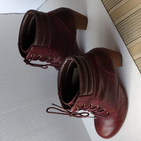 Timberland Tillston Burgundy and Brown Heeled Boots with Lace-up Detail 11 - Picture 2 of 11